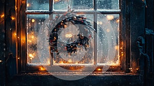 rustic window with wreath, flickering lights, and icy patterns .