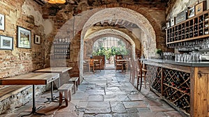 Rustic wine bar interior with stone arches, wooden furniture, and wine racks photo