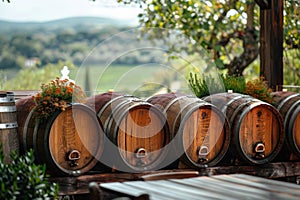 Rustic wine barrels in winery cellar with beautiful vineyard view