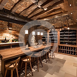 A rustic wine cellar with brick walls, wooden wine racks, and a tasting area complete with a bar and cozy seating for wine enthu
