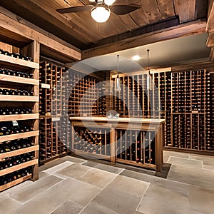 A rustic wine cellar with brick walls, wooden wine racks, and a tasting area complete with a bar and cozy seating for wine enthu