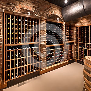 A rustic wine cellar with brick walls, wooden wine racks, and a tasting area complete with a bar and cozy seating for wine enthu