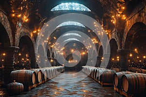 Rustic Wine Cellar Ambiance with Barrels and Warm Lighting for Vintage Decor Generative AI photo
