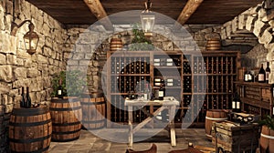 Rustic wine cellar with stone walls and wooden barrels, a picturesque setting for wine connoisseurs