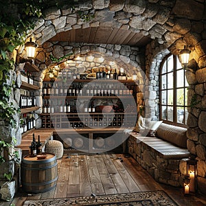 Rustic wine cellar with stone walls and wooden wine racks3D render