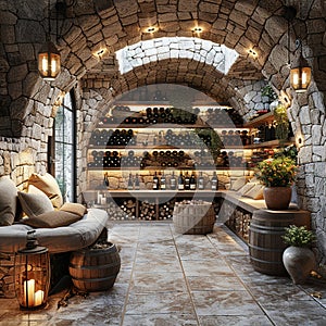 Rustic wine cellar with stone walls and wooden wine racks3D render