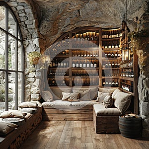 Rustic wine cellar with stone walls and wooden wine racks3D render