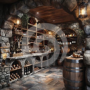 Rustic wine cellar with stone walls and wooden wine racks3D render