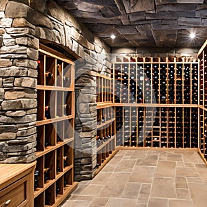 A rustic wine cellar with stone walls, wooden wine racks, and a tasting area complete with a bar and cozy seating for wine enthu