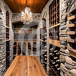 A rustic wine cellar with stone walls, wooden wine racks, and a tasting area complete with a bar and cozy seating for wine enthu