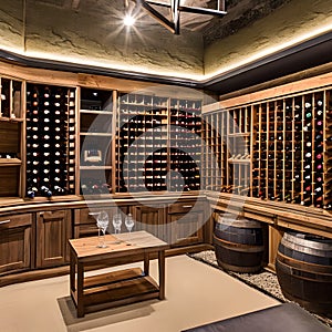 A rustic wine cellar with stone walls, wooden wine racks, and a tasting area complete with a bar and cozy seating for wine enthu