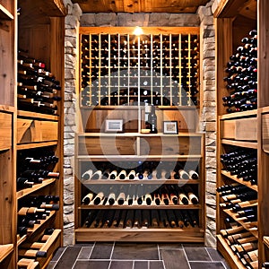 A rustic wine cellar with wooden racks, a tasting area, and dimmed lighting2, Generative AI