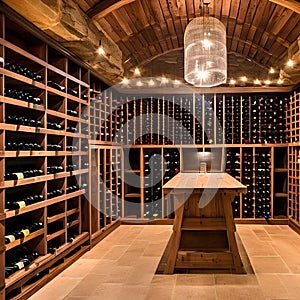 A rustic wine cellar with wooden racks, a tasting area, and dimmed lighting5, Generative AI