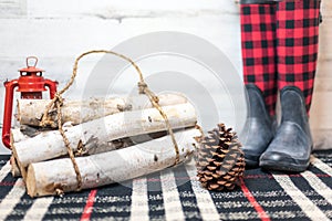 Rustic winter background with boots, logs and pinecone