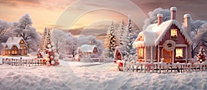 Rustic winter landscape at sunset with snow covered houses, glowing windows, Christmas decorated trees in pink sunlight. AI-