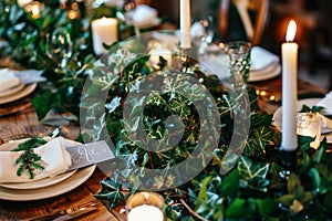 Rustic winter wedding table setting with ivy centrepiece photo