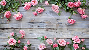 Rustic wood background with mothers day calligraphy over pink roses