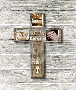 Rustic Wood Cross First Holy Communion Symbol Photos Illustration