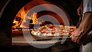 Rustic wood-fired pizza with bubbling mozzarella cheese and intense orange glow from the flames