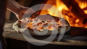 Rustic wood-fired pizza with bubbling mozzarella cheese and intense orange glow from the flames