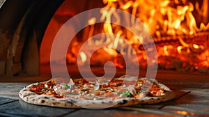 A rustic wood-fired pizza oven, flames dancing around a freshly baked pizza