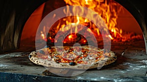 A rustic wood-fired pizza oven, flames dancing around a freshly baked pizza