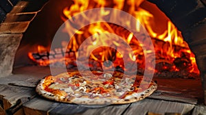 A rustic wood-fired pizza oven, flames dancing around a freshly baked pizza