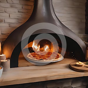 A rustic wood-fired pizza oven with flames flickering and a pizza inside4