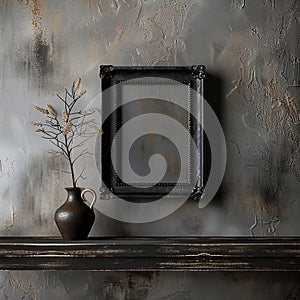 Rustic Wood Floating Shelf with Modern Black Frames with rustic wall texture - AI Generated