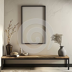 Rustic Wood Floating Shelf with Modern Black Frames with rustic wall texture - AI Generated