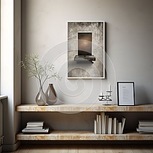 Rustic Wood Floating Shelf with Modern Black Frames with rustic wall texture - AI Generated