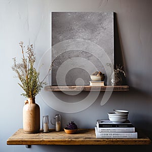 Rustic Wood Floating Shelf with Modern Black Frames with rustic wall texture - AI Generated