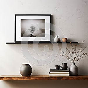 Rustic Wood Floating Shelf with Modern Black Frames with rustic wall texture - AI Generated