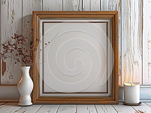 Rustic wood frame mockup with a white background, a vase, and a candle