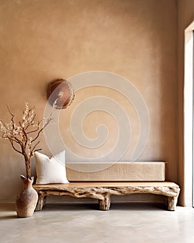 Rustic wood log bench near stucco empty wall with copy space. Boho interior design of modern living room. Created with generative