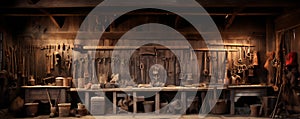 Rustic Wood Shop, Work Shop With Old Rusted Tools Hanging on the Wall, Old Timey Rustic Feel, Generative AI