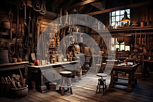Rustic Wood Shop, Work Shop With Old Rusted Tools Hanging on the Wall, Old Timey Rustic Feel, Generative AI