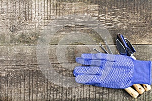 Rustic wood table background with work gloves and garden tools,  top view, flat lay, copy space, place for text