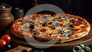 Rustic wood table, gourmet pizza, fresh ingredients generated by AI