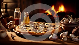 Rustic wood table, homemade pizza, fresh ingredients, Italian culture, gourmet generated by AI