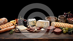 Rustic wood table, variety of gourmet cheeses, fresh bread generated by AI