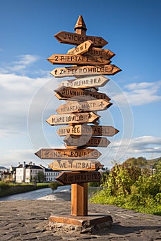 Rustic Wooden Arrows Signpost at a Crossroads