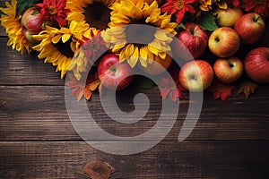 Rustic wooden backdrop, vibrant sunflowers and red apples create an enchanting autumn scene. The warm tones and organic elements