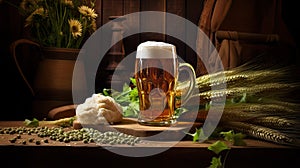 a rustic wooden background adorned with a frothy mug of beer, fresh wheat ears, vibrant green hops, and a classic beer