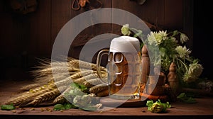 a rustic wooden background adorned with a frothy mug of beer, fresh wheat ears, vibrant green hops, and a classic beer