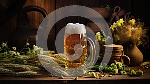 a rustic wooden background adorned with a frothy mug of beer, fresh wheat ears, vibrant green hops, and a classic beer
