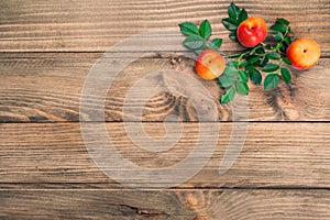 Rustic wooden background with apricots and green leaves. Concept copy space