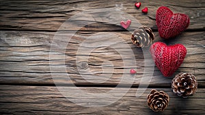 Rustic wooden background with red heart-shaped decorations and pine cones, copy space, perfect for Valentine's Day