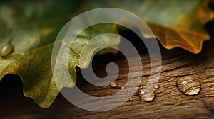 Rustic wooden background with several water droplets resting on a lush green leaf. AI-generated.