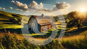 Rustic Wooden Barn in Countryside at Sunset